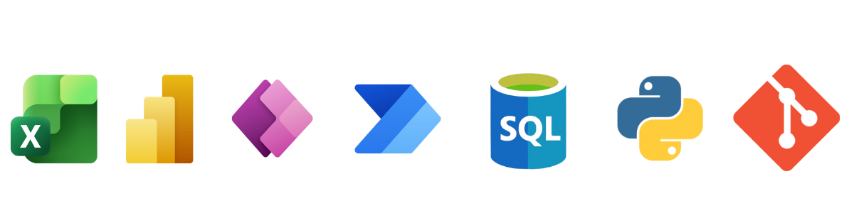 Microsoft Excel, Power BI, Power Apps, Power Automate, SQL, Python, and Git logos.